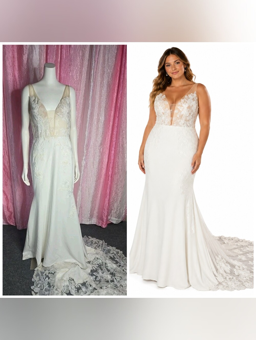 VOW'D Exquisite Plunging Mermaid Ivory Lace Wedding Dress Size 14